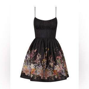 Zimmermann Natura Ruched Mini Dress in Black Wild Flowers, size 0